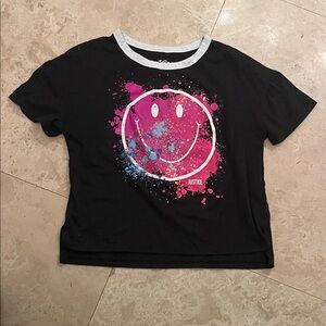 Justice Black Tee with Pink and Blue Smiley Design